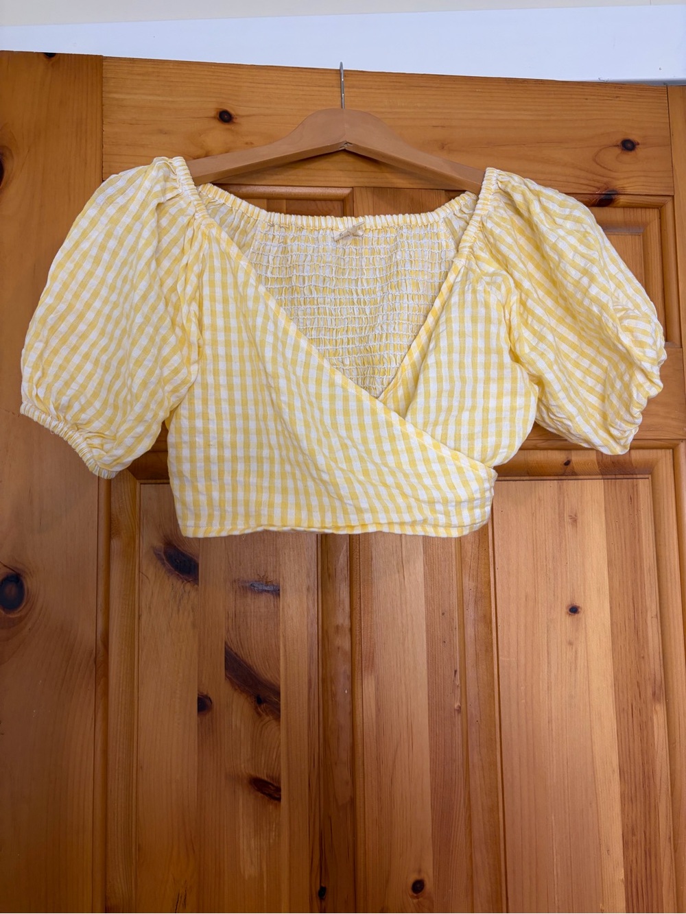 Gingham butter yellow Puff Sleeve Crop Top size S